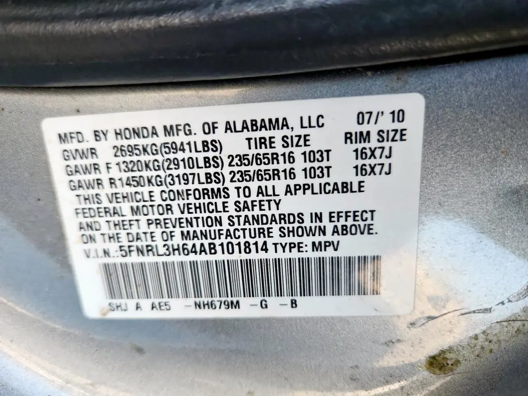 2010 HONDA ODYSSEY EXL  