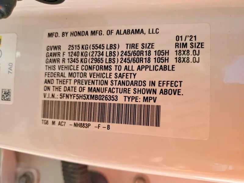 2021 HONDA PILOT EXL  
