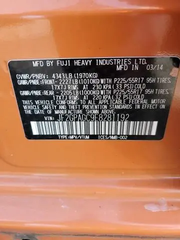2014 SUBARU XV CROSSTREK 2.0 LIMITED  