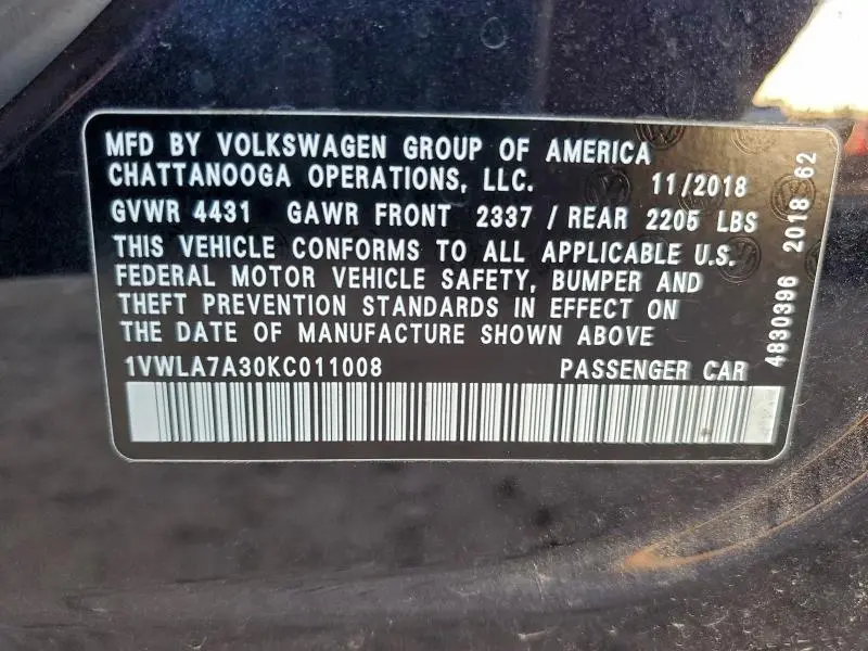 2019 VOLKSWAGEN PASSAT WOLFSBURG  