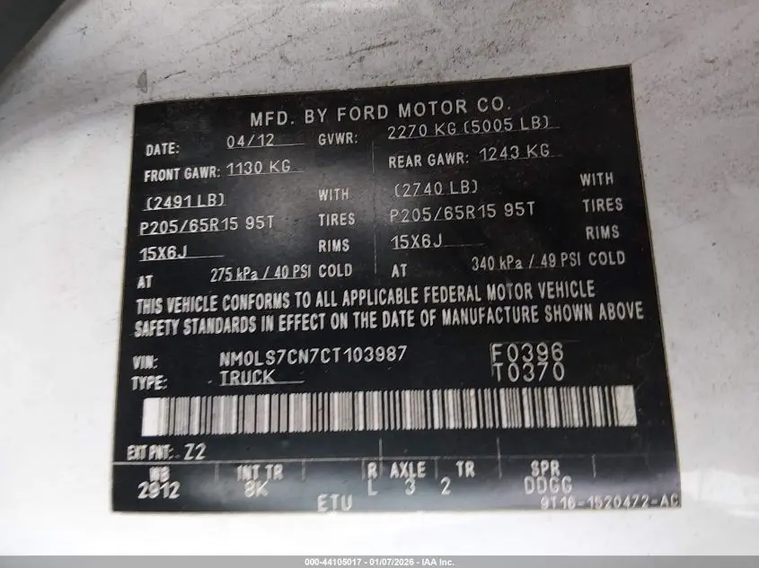 2012 FORD TRANSIT CONNECT XL