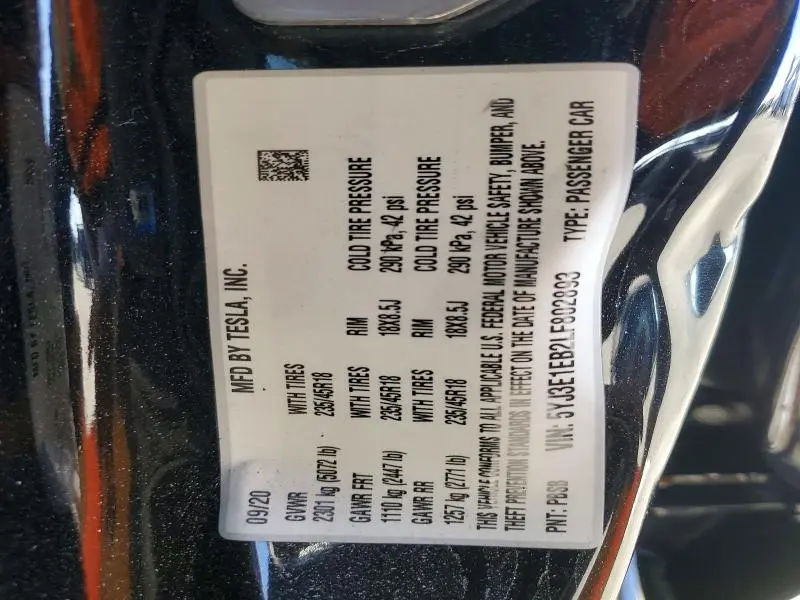 2020 TESLA MODEL 3   