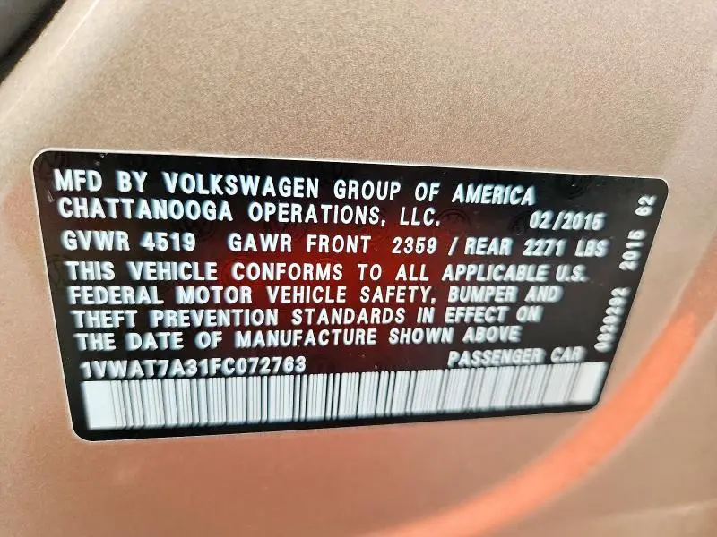 2015 VOLKSWAGEN PASSAT S  