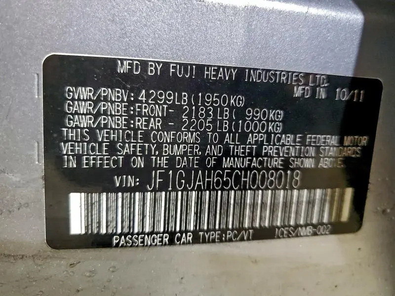 2012 SUBARU IMPREZA LIMITED  