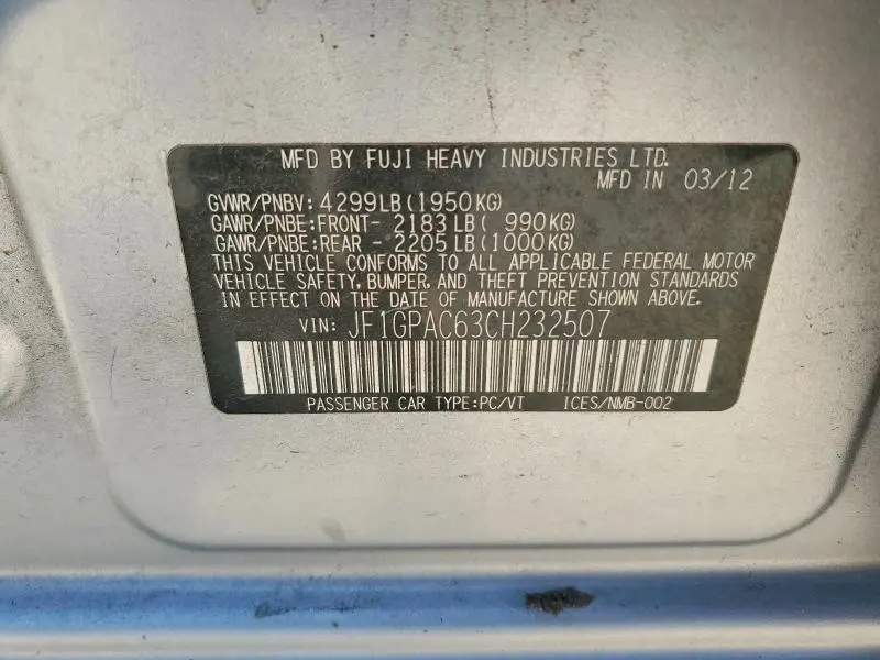 2012 SUBARU IMPREZA PREMIUM  