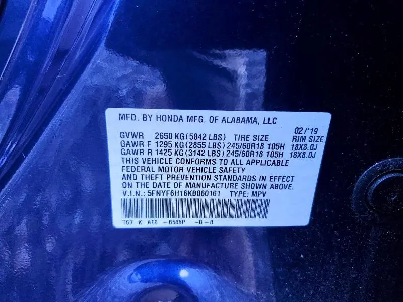 2019 HONDA PILOT LX  