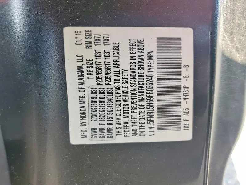 2015 HONDA ODYSSEY EXL  
