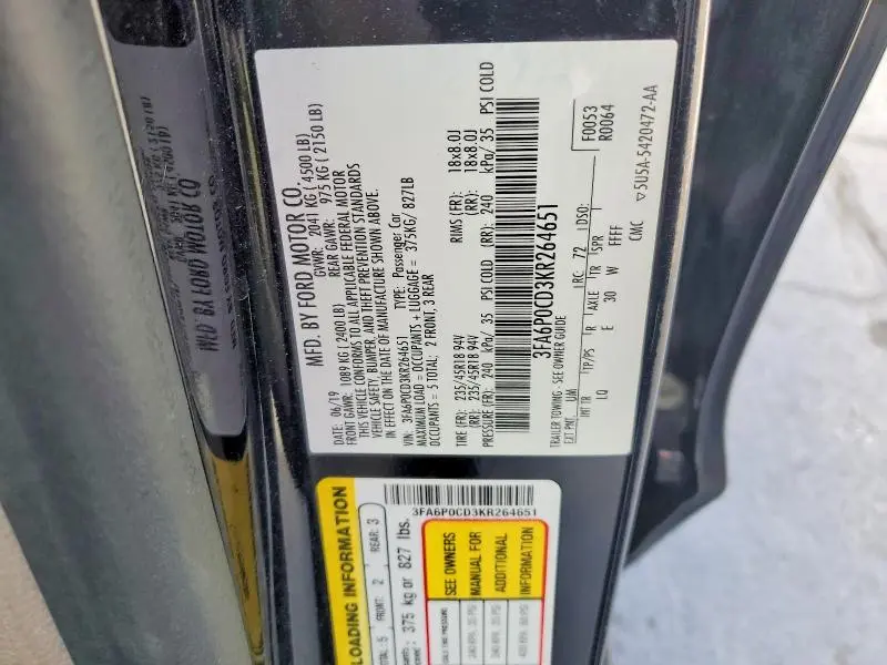 2019 FORD FUSION SEL  
