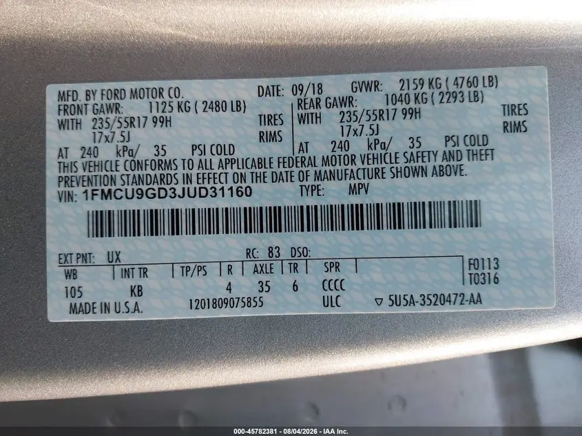 2018 FORD ESCAPE SE