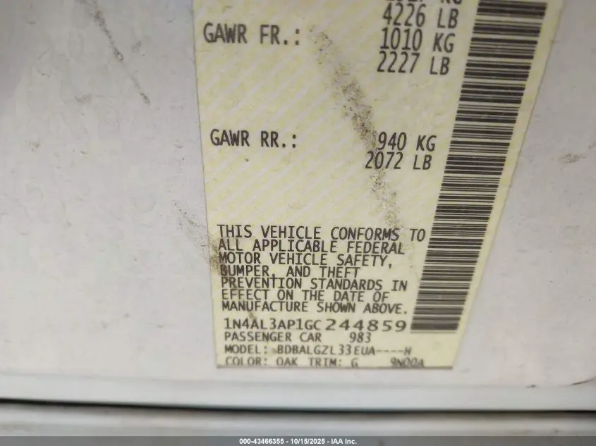 2016 NISSAN ALTIMA 2.5 S