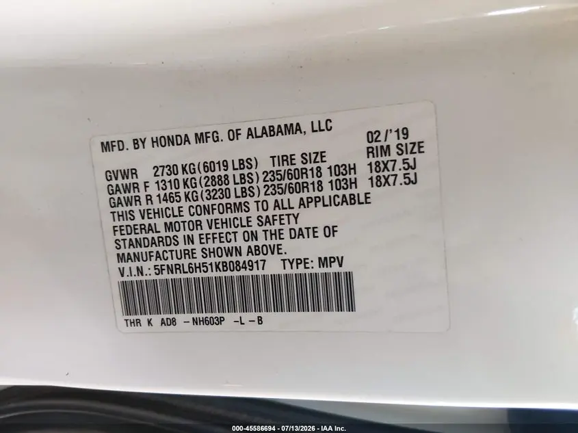 2019 HONDA ODYSSEY EX