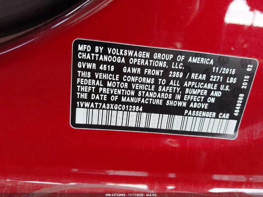 2016 VOLKSWAGEN PASSAT 1.8T R-LINE/1.8T S