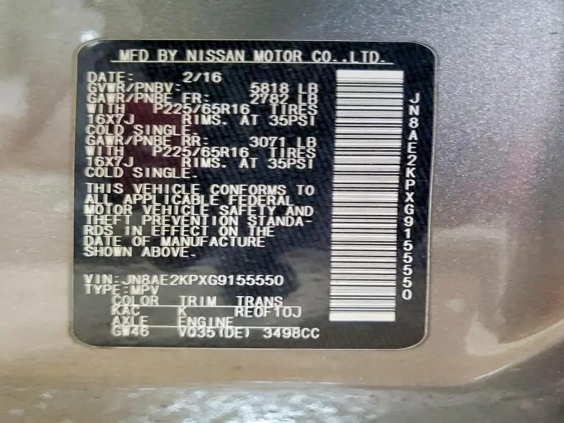 2016 NISSAN QUEST 3.5 SV  