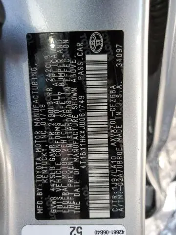 2018 TOYOTA CAMRY XLE   