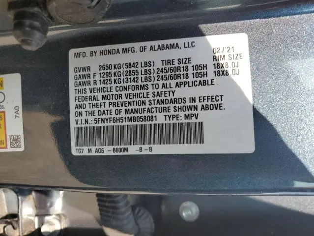 2021 HONDA PILOT EXL  