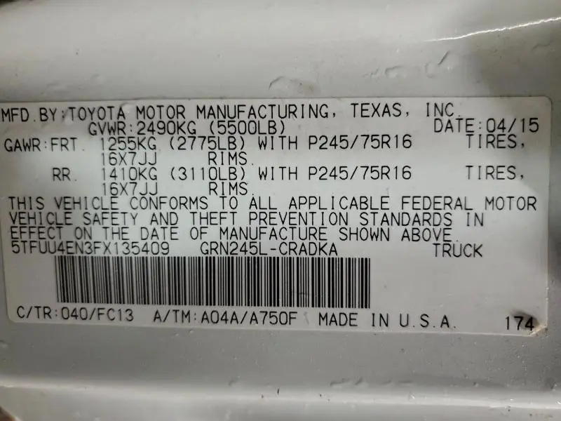 2015 TOYOTA TACOMA ACCESS CAB  