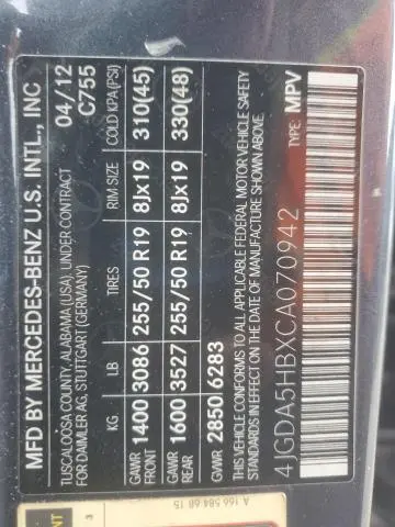 2012 MERCEDES-BENZ ML 350 4MATIC  