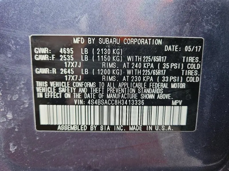 2017 SUBARU OUTBACK 2.5I PREMIUM  