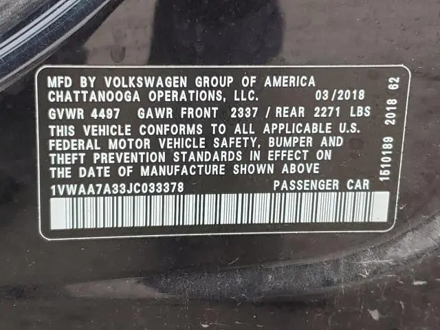 2018 VOLKSWAGEN PASSAT S