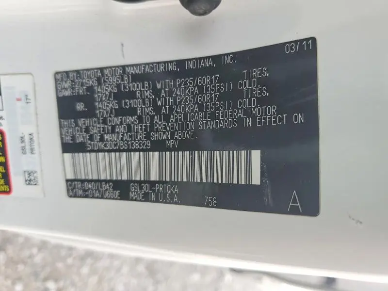 2011 TOYOTA SIENNA XLE 8-PASSENGER  