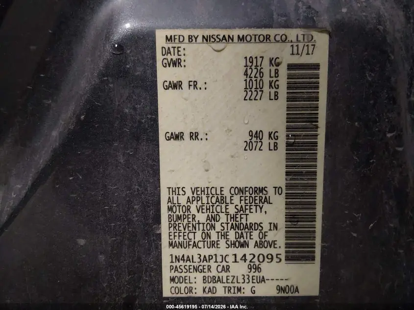 2018 NISSAN ALTIMA 2.5 S