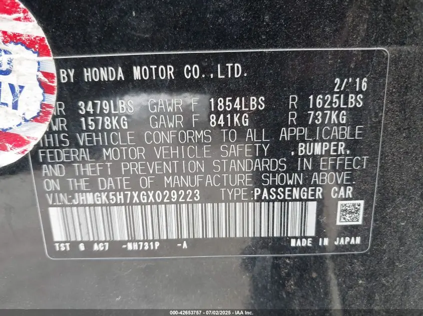 2016 HONDA FIT EX