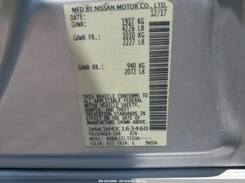 2018 NISSAN ALTIMA 2.5 SV