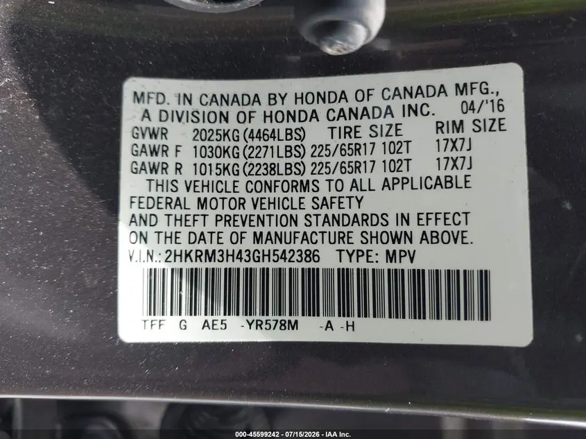 2016 HONDA CR-V SE