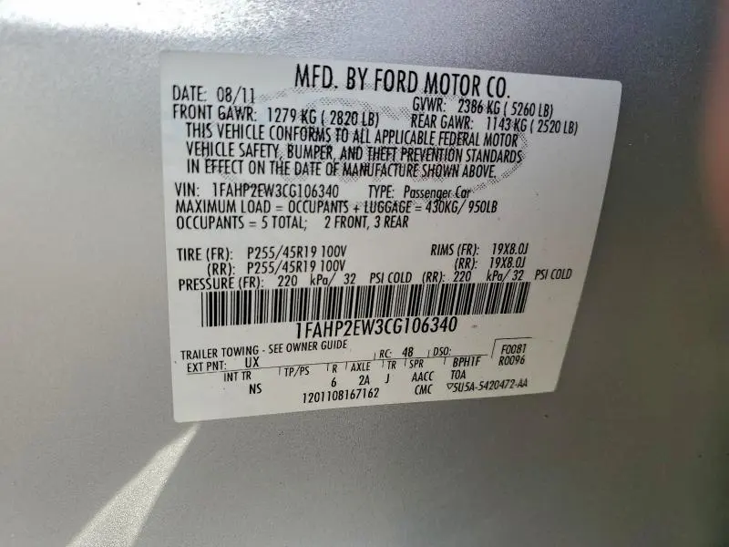 2012 FORD TAURUS SEL  