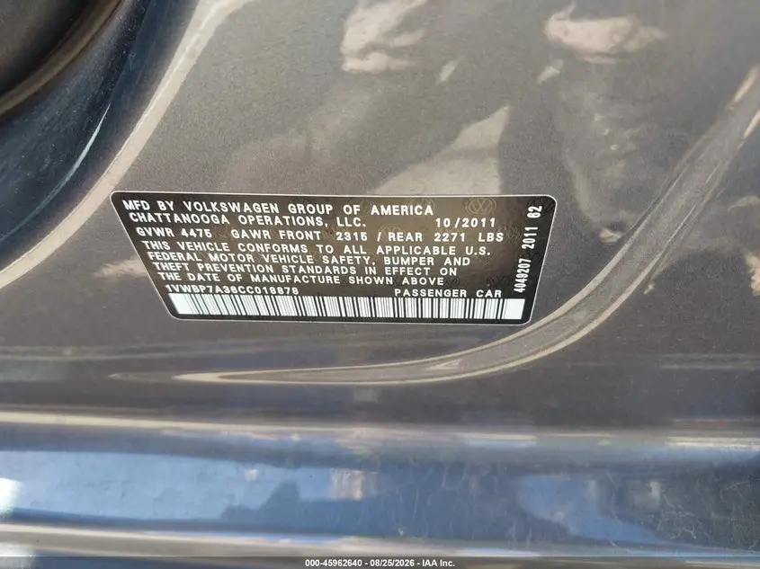 2012 VOLKSWAGEN PASSAT 2.5L SE