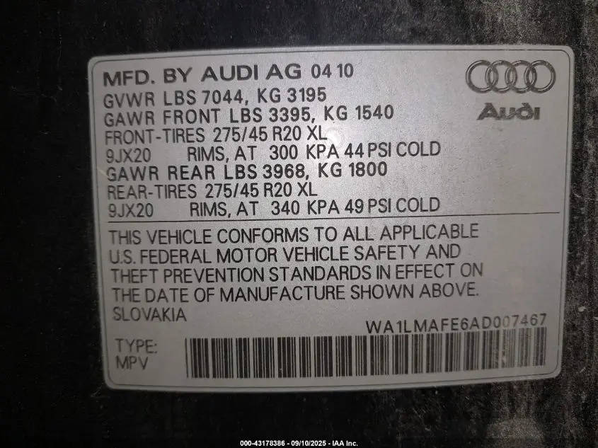 2010 AUDI Q7 3.0 TDI PREMIUM