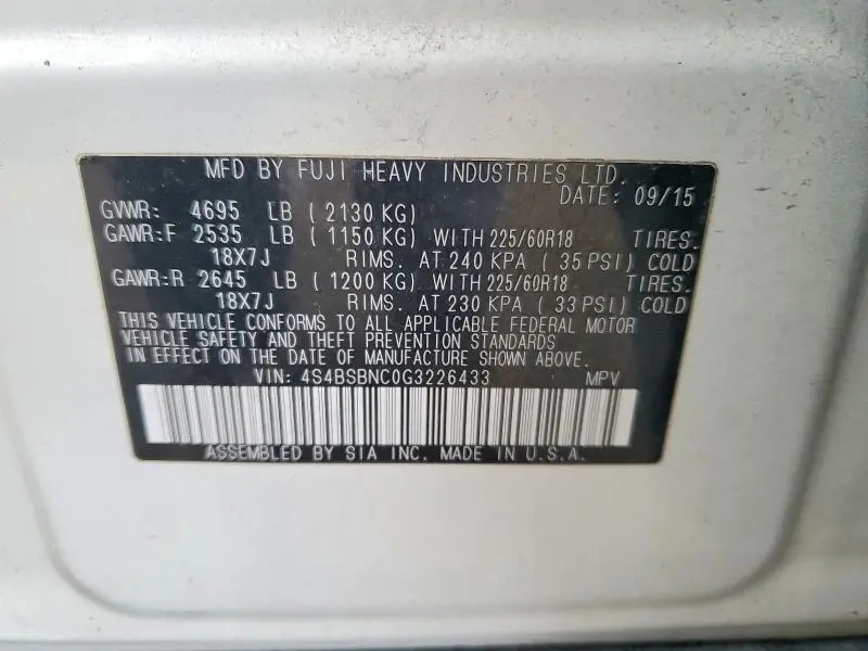 2016 SUBARU OUTBACK 2.5I LIMITED  