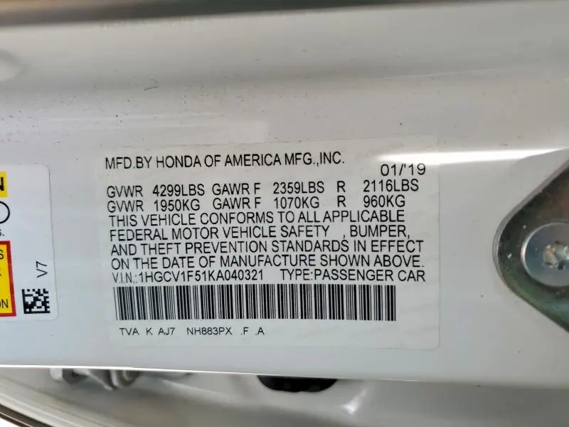 2019 HONDA ACCORD EXL  
