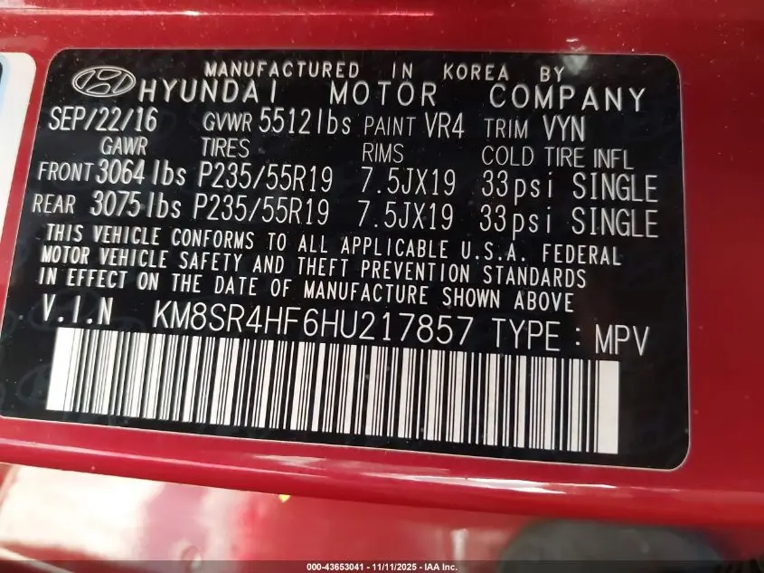 2017 HYUNDAI SANTA FE LIMITED ULTIMATE