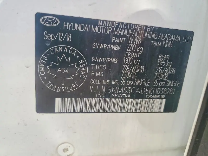 2019 HYUNDAI SANTA FE SEL 2.4L  