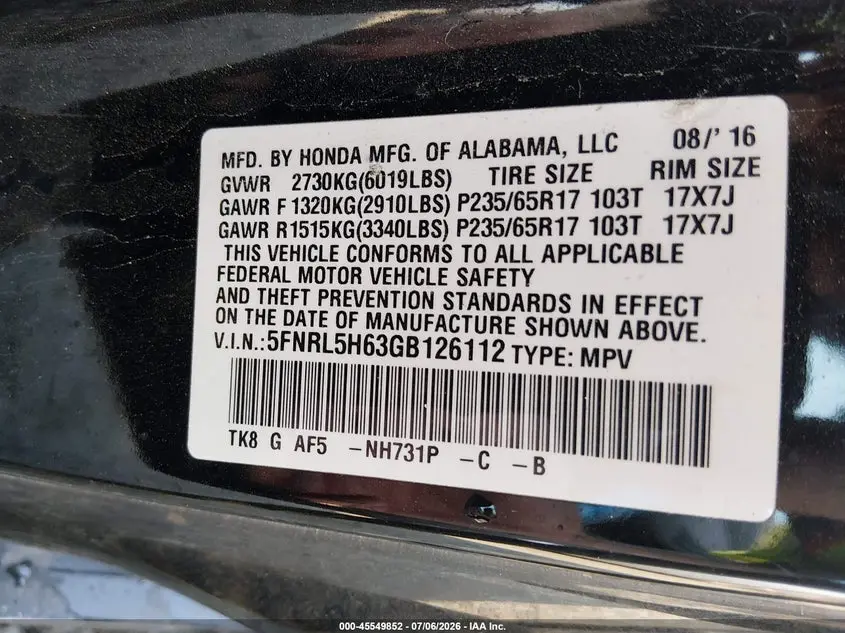 2016 HONDA ODYSSEY EX-L