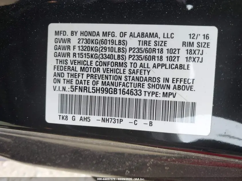 2016 HONDA ODYSSEY TOURING/TOURING ELITE