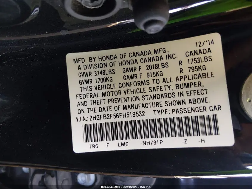 2015 HONDA CIVIC LX