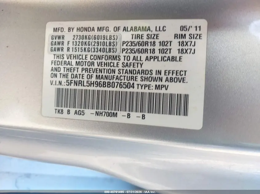 2011 HONDA ODYSSEY TOURING/TOURING ELITE