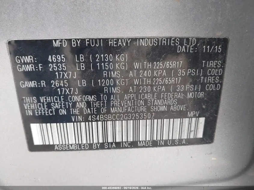 2016 SUBARU OUTBACK 2.5I PREMIUM