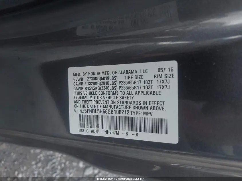 2016 HONDA ODYSSEY EX-L