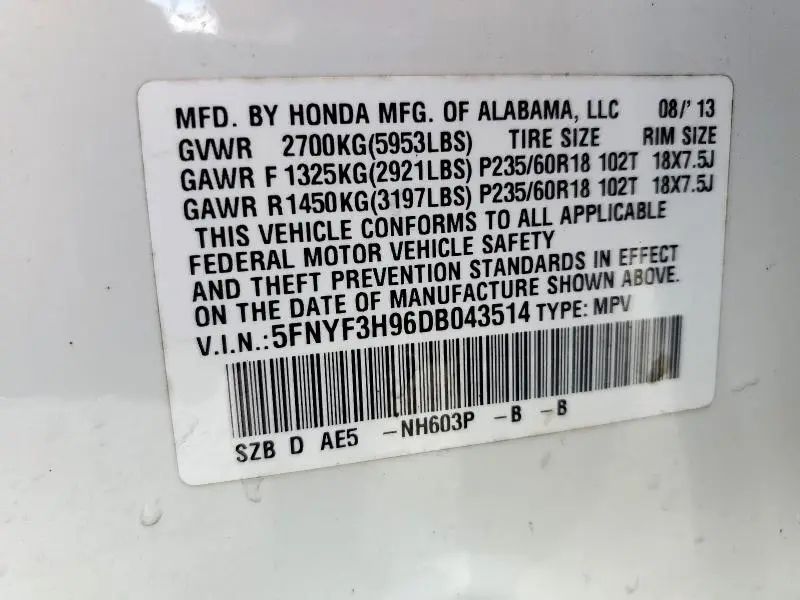 2013 HONDA PILOT TOURING  