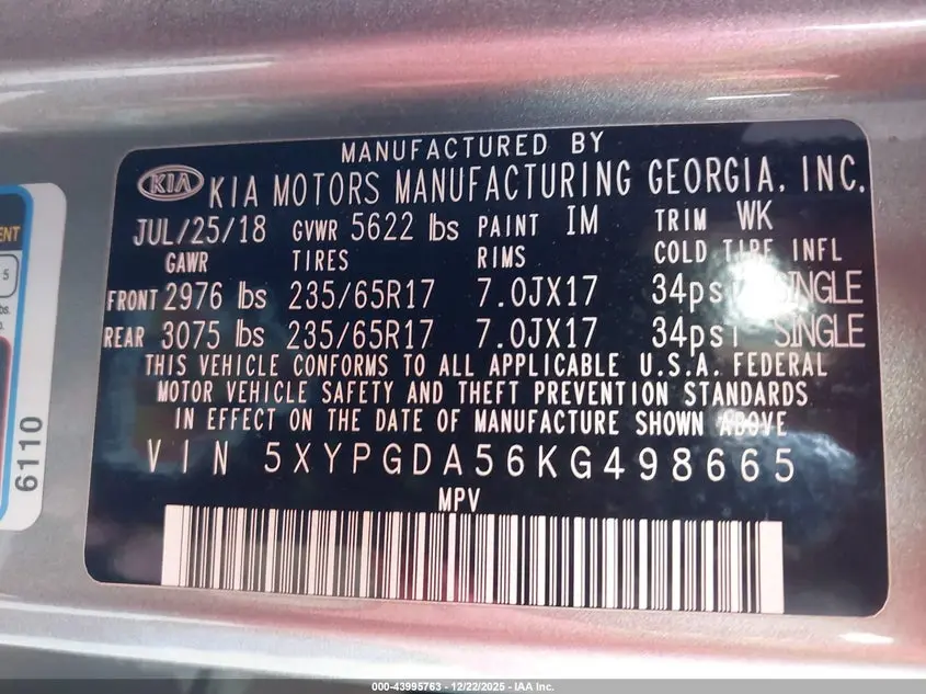 2019 KIA SORENTO 3.3L LX