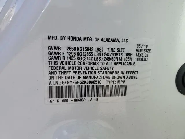 2019 HONDA PILOT EXL  