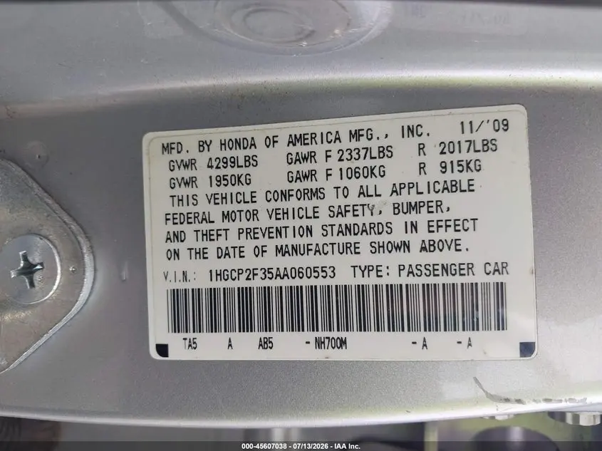 2010 HONDA ACCORD 2.4 LX