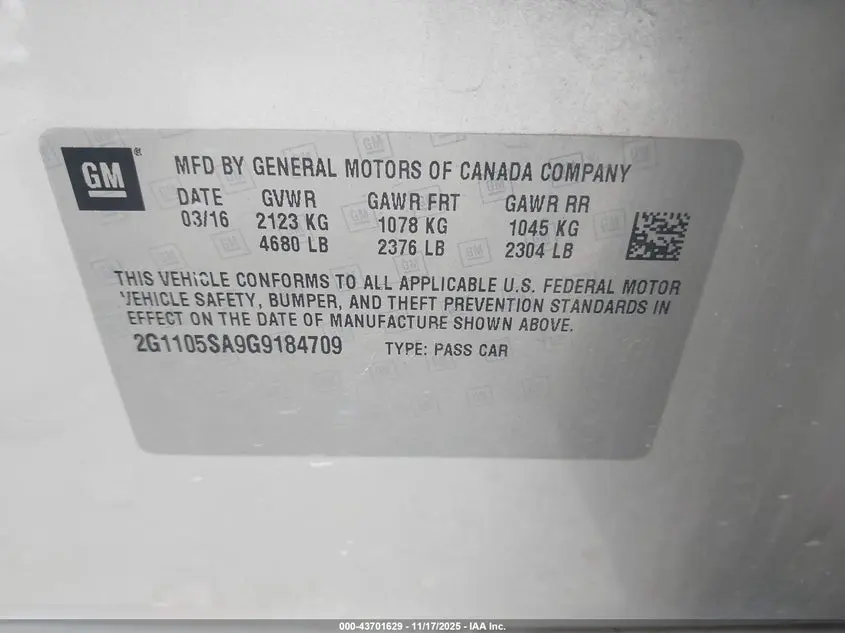 2016 CHEVROLET IMPALA 1LT