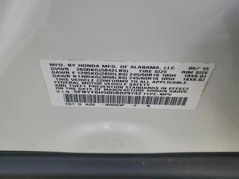 2016 HONDA PILOT EXL  