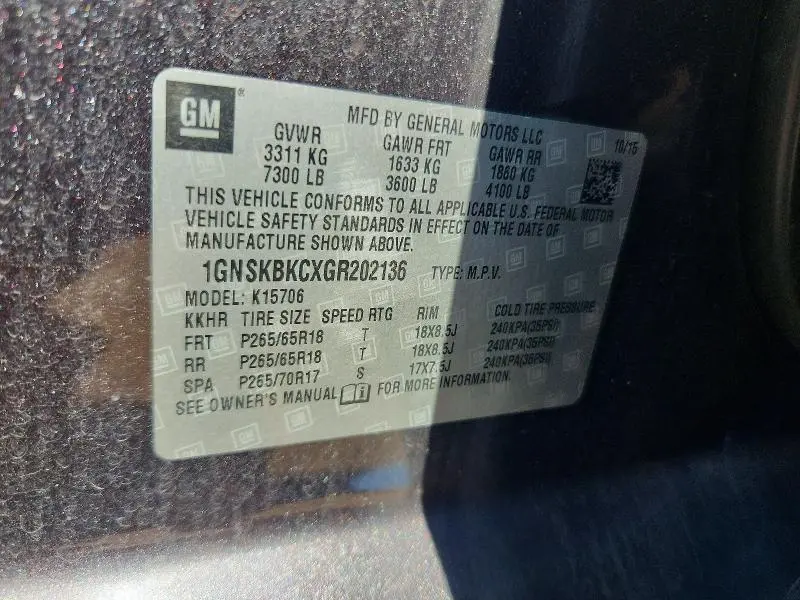2016 CHEVROLET TAHOE K1500 LT  