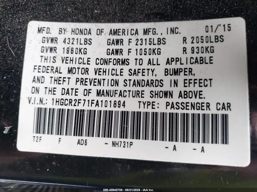 2015 HONDA ACCORD EX