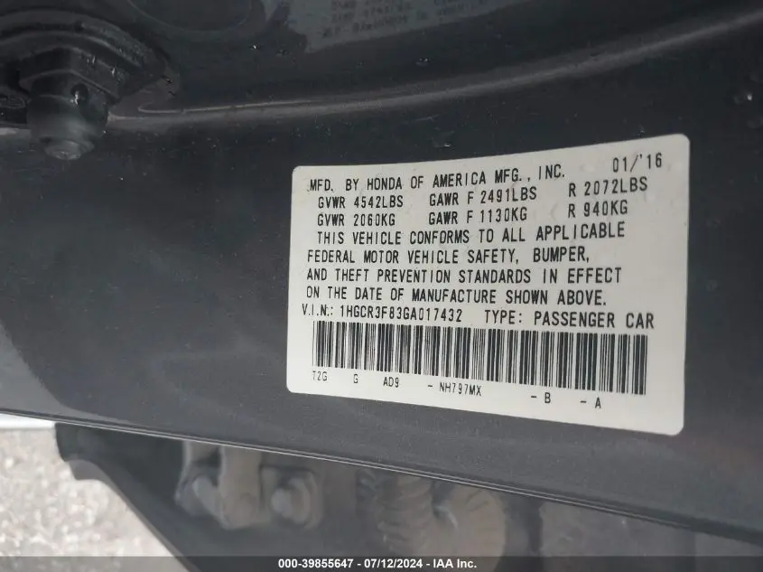 2016 HONDA ACCORD EX-L V-6